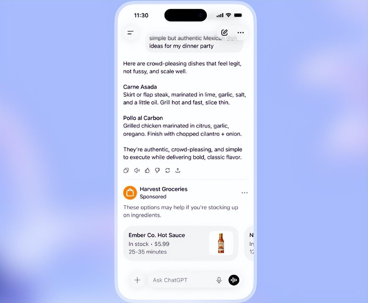 ChatGPT Ads 標準廣告版位示意：回答下方清楚標示的 Sponsored 贊助內容